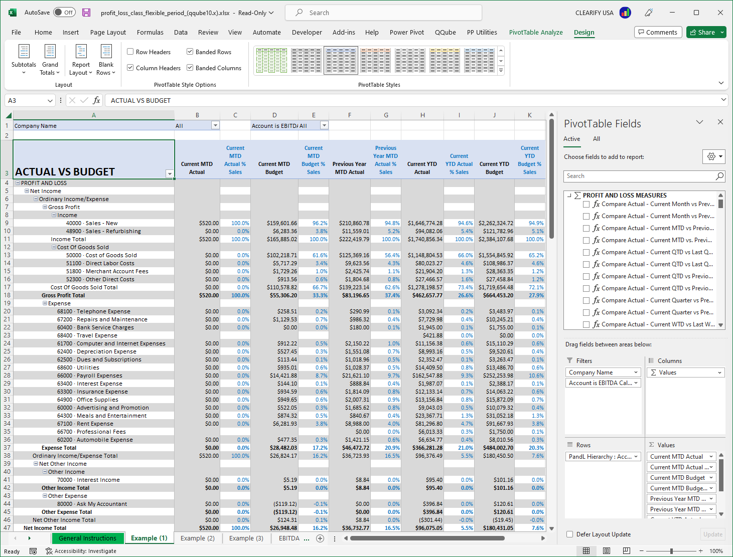 QQube Profit and Loss by Class in PowerPivot Custom QuickBooks Profit and Loss by Class Report using PowerPivot