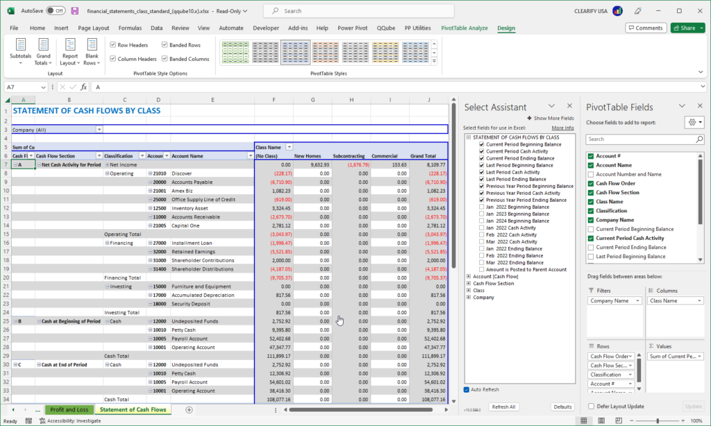 QQube Statement of Cash Flows by Class in Excel Custom QuickBooks Statement of Cash Flows by Class Report using Excel
