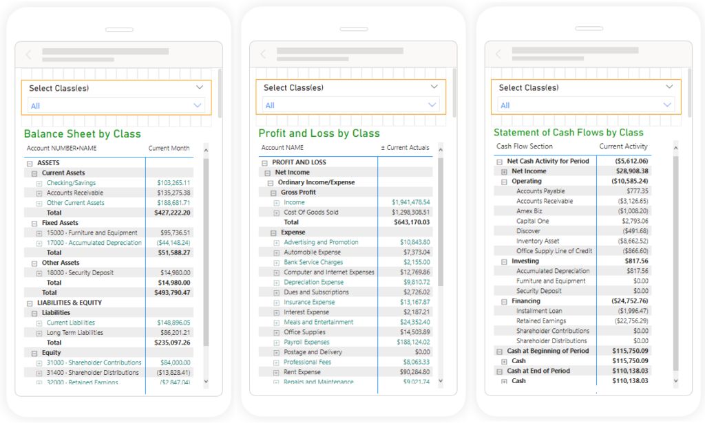 QQube Mobile Financial Statements by Class in Power BI QuickBooks Financial Statements by Class on Mobile using Power BI
