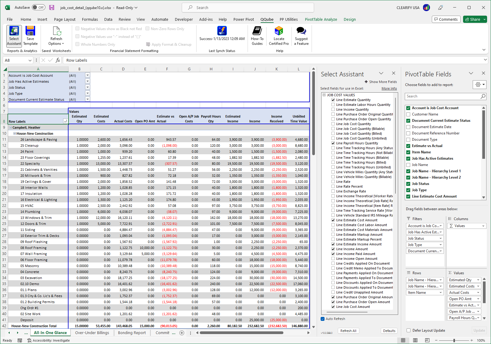 Excel Job Cost Pivot Table Example QuickBooks Job Cost Report in Excel using QQube