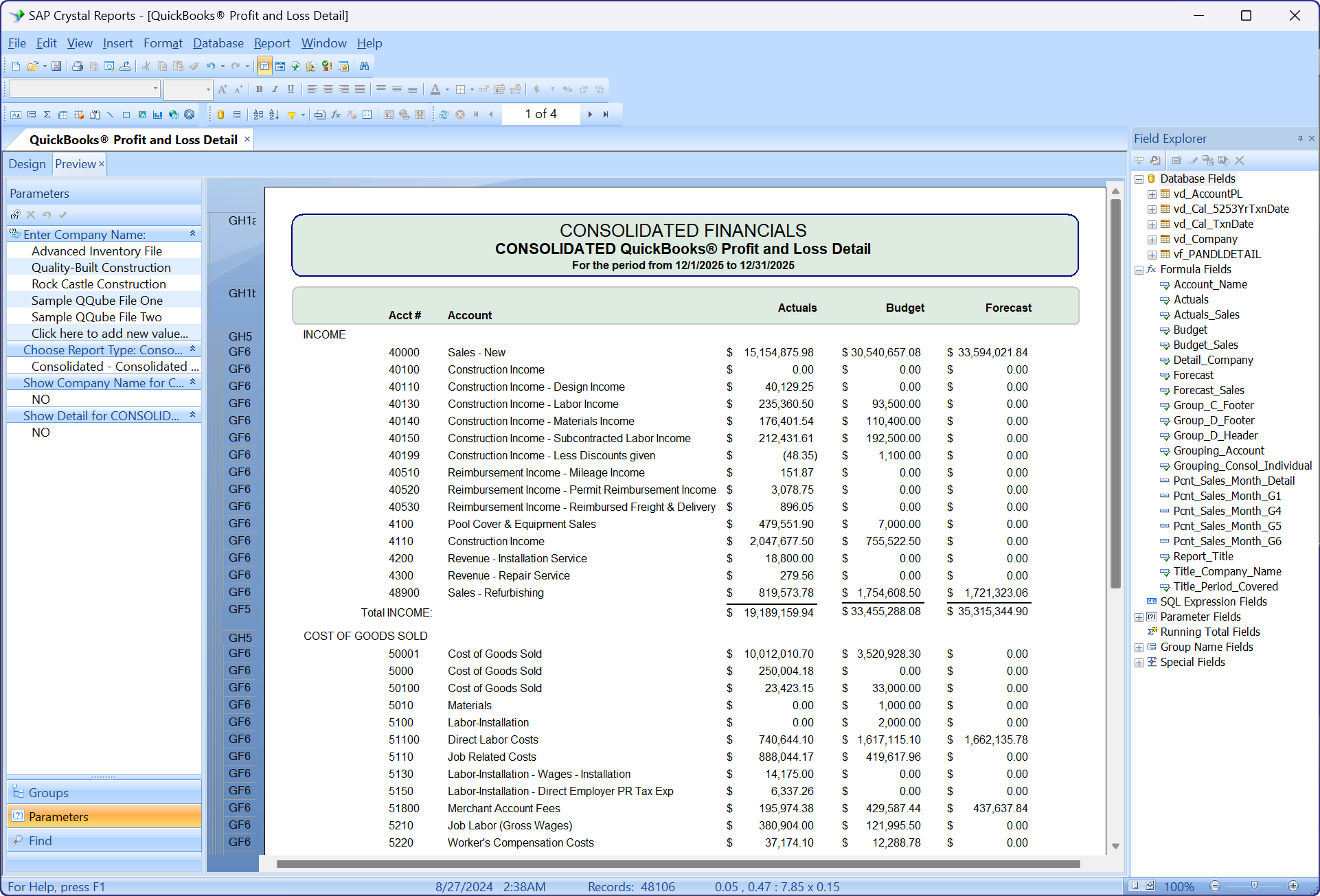 Crystal Reports Data Model Example QuickBooks Profit and Loss Data Model in Crystal Reports