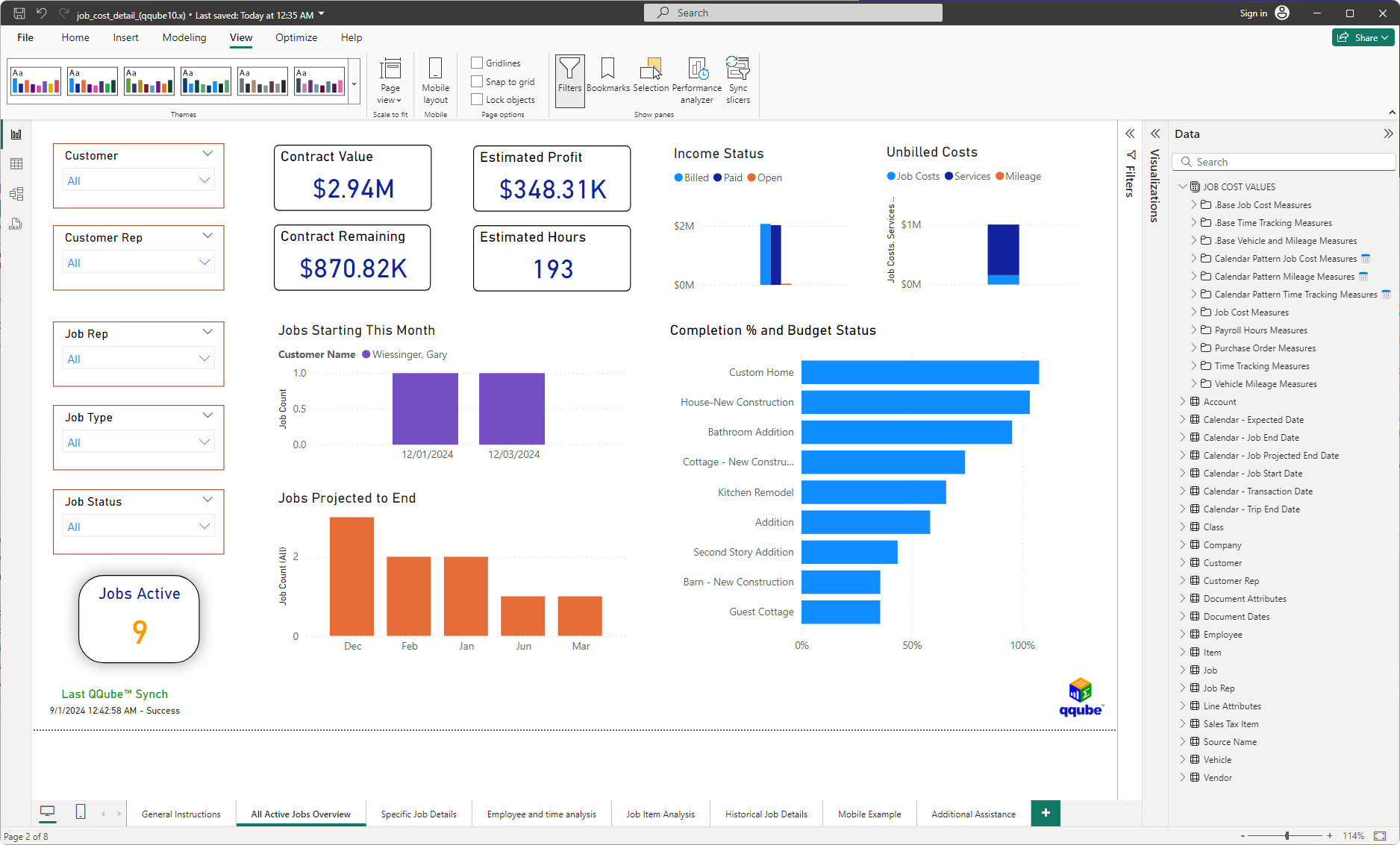 Power BI Job Cost Pivot Table Example QuickBooks Job Cost Report in Power BI using QQube